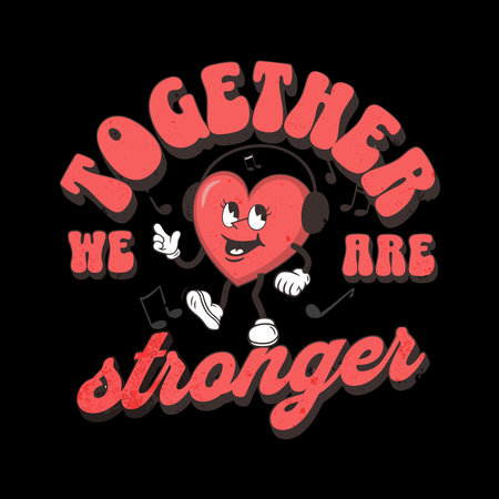 Cute vector hand drawn illustration of a red heart with text and musical notes on the black background.のイラスト素材