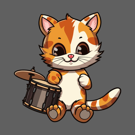 cartoon cute cat holding drum playingのイラスト素材