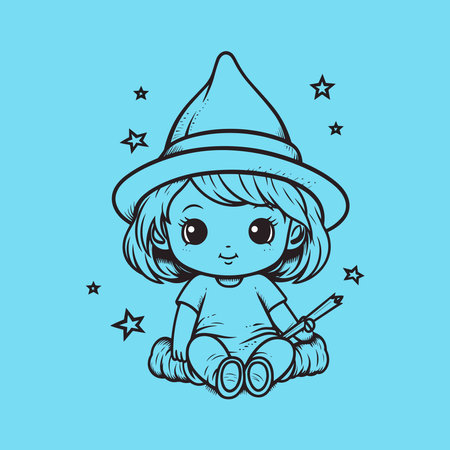 hand drawn style cute baby witch simple thick linesのイラスト素材