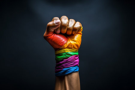 rainbow colored hand with a fist raised up, AI Generatedの素材