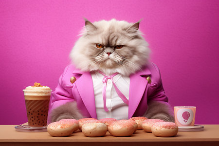 Cat with coffee and donut, AI Generatedの素材