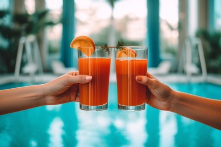 Couple traveler hands holding glass of cocktails on outdoor, AI Generatedの素材
