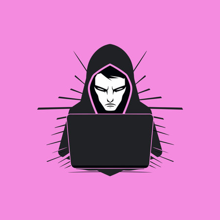 hacker with laptop computer on pink backgroundのイラスト素材