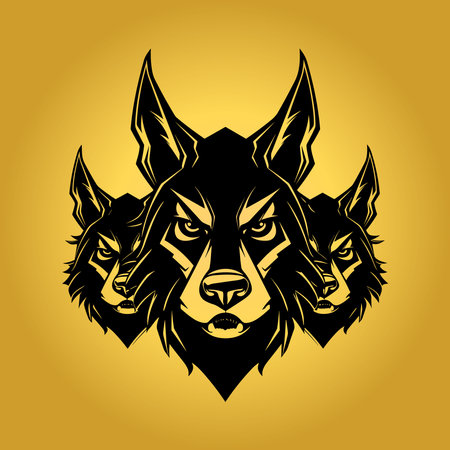 three black wolf head on yellow backgroundのイラスト素材
