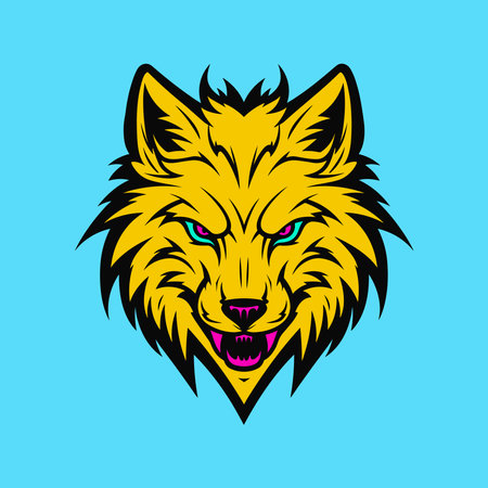 Yellow wolf head illustration on blue background