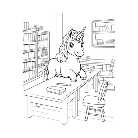 cute unicorn on the table learning color pageのイラスト素材