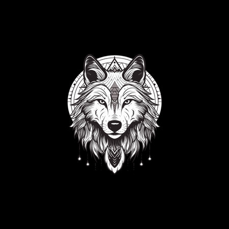 Geometric Wolf with Dangling Feathers on Black Backgroundのイラスト素材