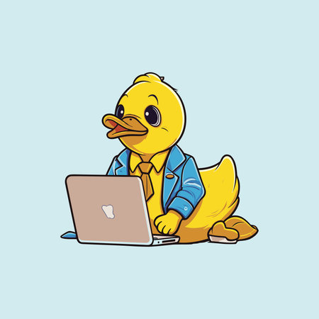 Yellow Duck Working With Laptop Vector Illustrationのイラスト素材