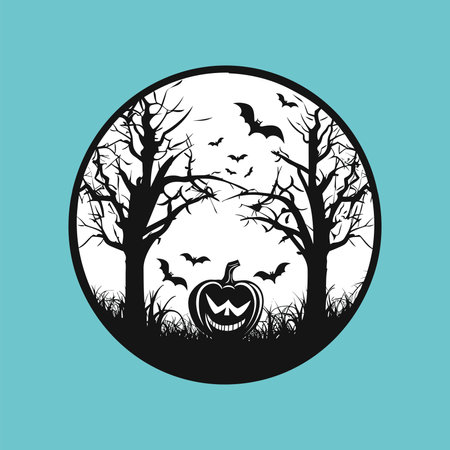 Spooky silhouette of halloween tree pumpkinのイラスト素材