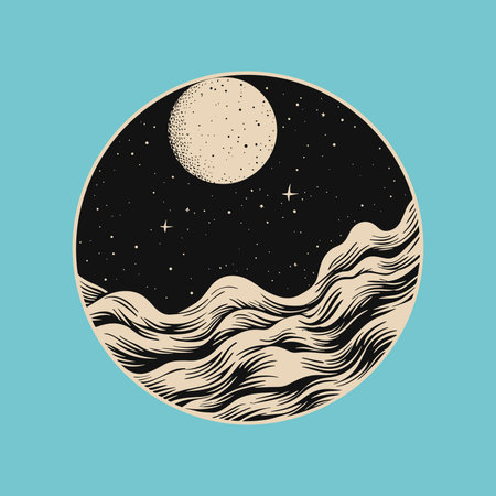 Serene Night Sky and Waves Badge Illustrationのイラスト素材