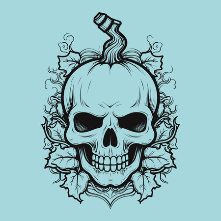 Black line skull with pumpkinのイラスト素材