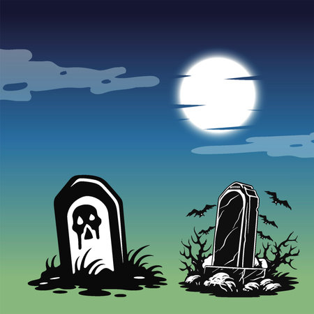Spooky Graveyard Scene with Full Moon and Tombstonesのイラスト素材