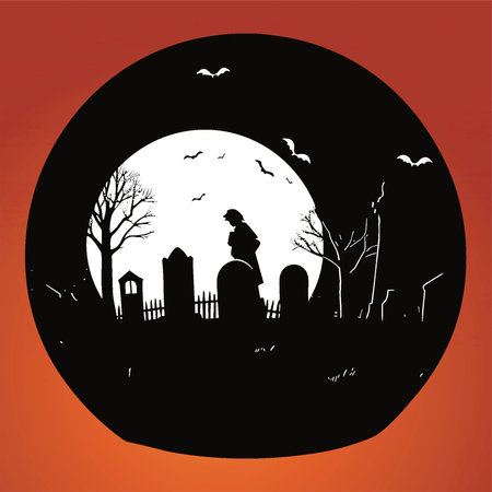 Silhouette of a woman in a graveyard at nightのイラスト素材