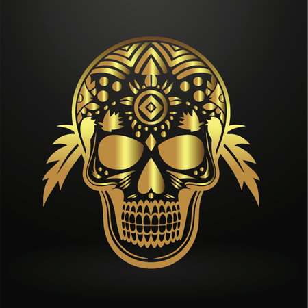 Golden Skull with Intricate Designs on Black Backgroundのイラスト素材