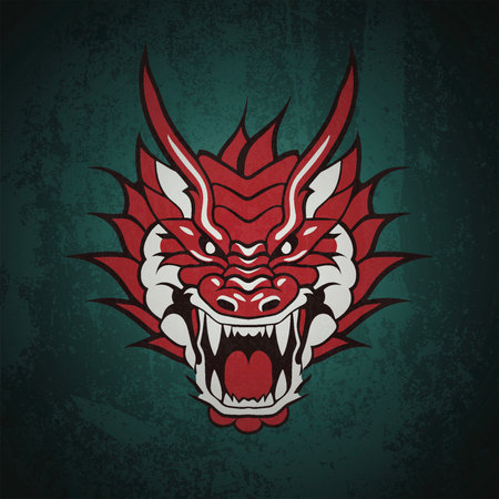 Red Dragon with a Fierce Expression on Tealのイラスト素材