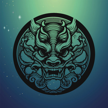 Traditional Chinese Dragon Head in Circular Frameのイラスト素材