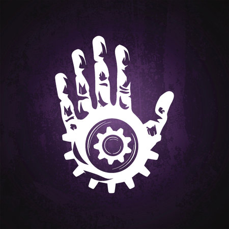 White Hand Displaying Gear and Sun Symbol on Purple Backgroundのイラスト素材
