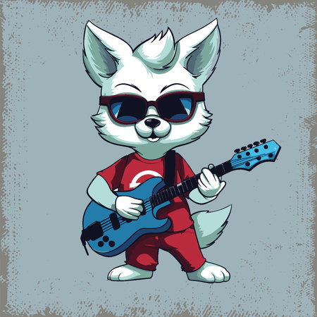 Cool White Fox Strumming Blue Guitar in Sunglassesのイラスト素材