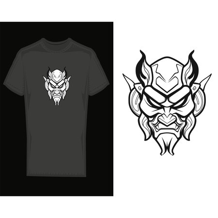 White Graphic of Fierce Demon on Black T-Shirtのイラスト素材