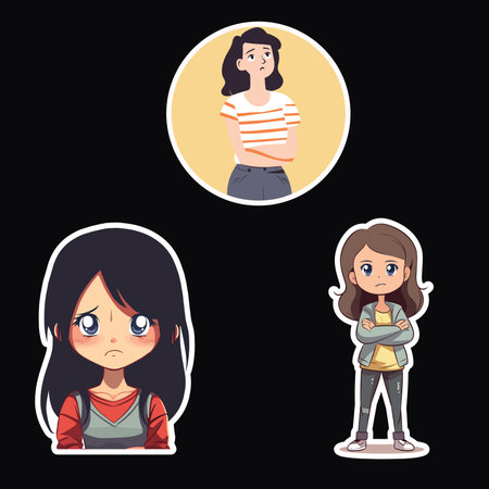 Illustration of Three Girls with Different Expressions, Various Outfitsのイラスト素材