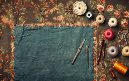 Vintage Sewing Supplies on Floral Backgroundの素材