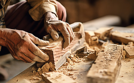 Craftsman Precision, A Close-Up of a Woodworker Carving with a Chisel in a Workshopの素材