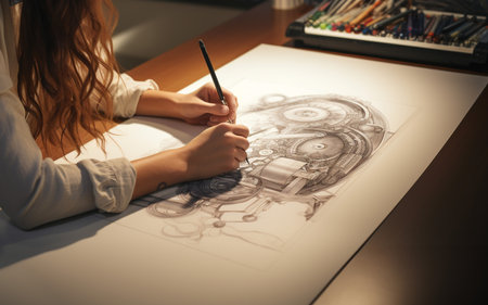 Artist Sketching Detailed Mechanical Drawing with Pencilの素材