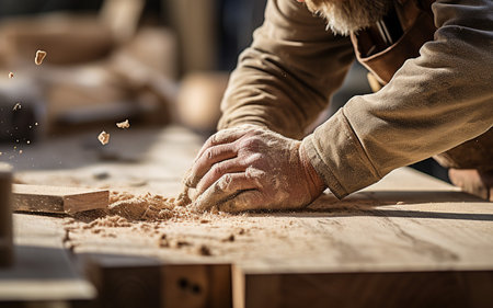 Craftsman Precision, A Carpenter Shaving Wood with Hand Tools in a Workshopの素材