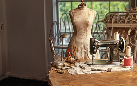 Sewing Tools and Dress Form in a Bright Room with Vintage Sewing Machineの素材