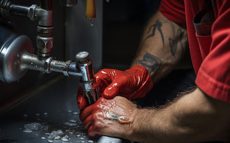 Worker Hands Cleaning a Silver Beer Tap with Red Glovesの素材