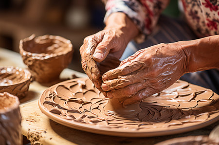 Hands Shaping Wet Clay on Potter Wheel in a Sunlit Studioの素材