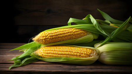 Fresh Yellow Corn on the Cob with Green Leaves on Dark Wooden Tableの素材