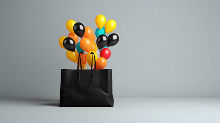 Black Shopping Bag Releasing and Black Balloons on a Gray Backgroundの素材