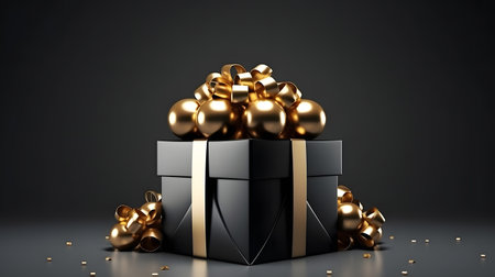 Black and Gold Gift Box Ornaments, Bow on Dark Backgroundの素材