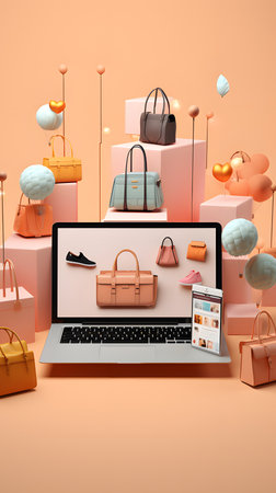 Laptop Displaying Shopping Website Surrounded by Colorful Handbags, Black Shoesの素材