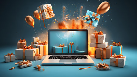 Explosive Laptop Gift Surprise with Orange Balloons and White Boxeの素材