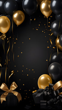 Black and Gold Balloons and Gifts on a Black Backgroundの素材