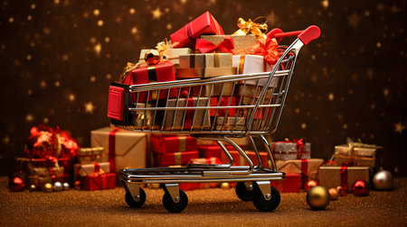 Christmas Shopping Cart with Wrapped Gifts and Golden Snowflakeの素材