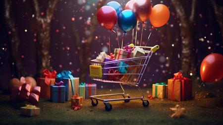 Cart Full of Gifts and Balloons in a Sparkling Forestの素材