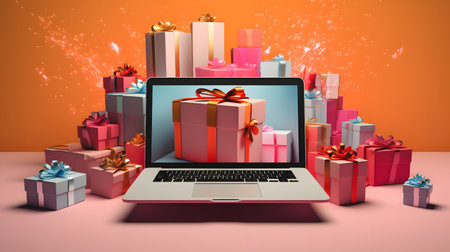 Laptop Displaying Gift Box Surrounded by Colorful Presents on Orange Backgroundの素材