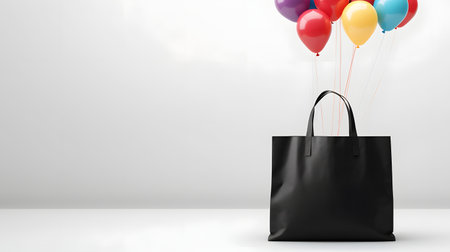 Black Shopping Bag with Colorful Balloons on White Backgroundの素材