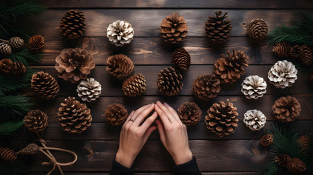 Hands and Pine Cones, A Symmetrical Arrangement on a Wooden Tableの素材