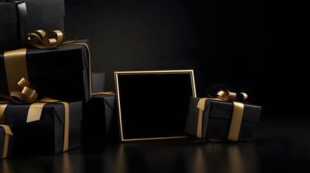 Black and Gold Gift Boxes with Empty Gold Frame on Reflective Surfaceの素材