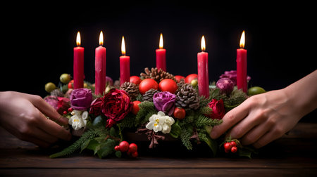 Christmas Advent Wreath Red Candles and Flowers on a Wooden Tableの素材