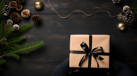 Christmas Warmth Beige Paper Wrapped Gift, Black Ribbon and String Lights on Dark Wooden Backgroundの素材