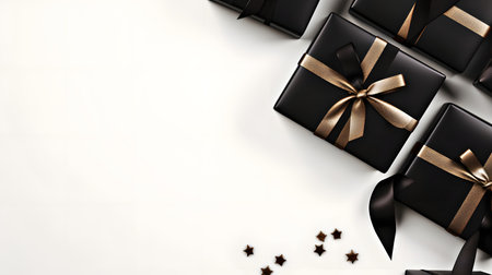 Diagonal Line of Black Gift Boxes with Gold Ribbons and Stars on White Backgroundの素材