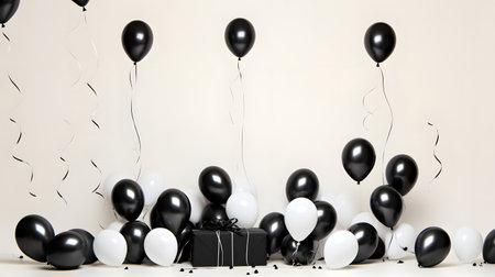 Black and White Balloon Party, A Celebration with Gift Box and Confettiの素材