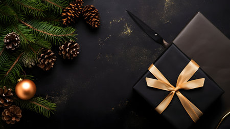 Black Christmas Gift Box, Gold Ribbon on Dark Backgroundの素材