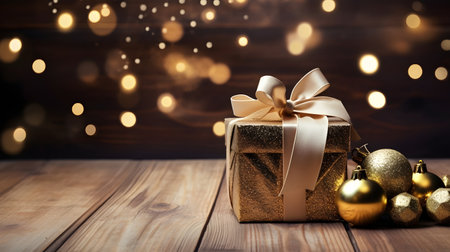 Glittery Golden Gift Box with White Ribbon, Gold Ornaments on Wooden Tableの素材