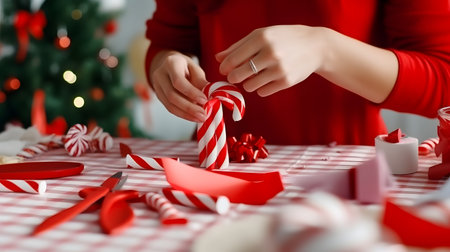 Christmas Crafting with Red and White Ribbons and Candy Canes on a Checkered Tableclothの素材